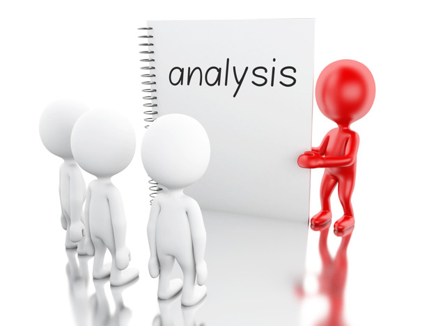 3d renderer image. White people, red leadership and notepad with word ANALYSIS. Business concept. Isolated white background.